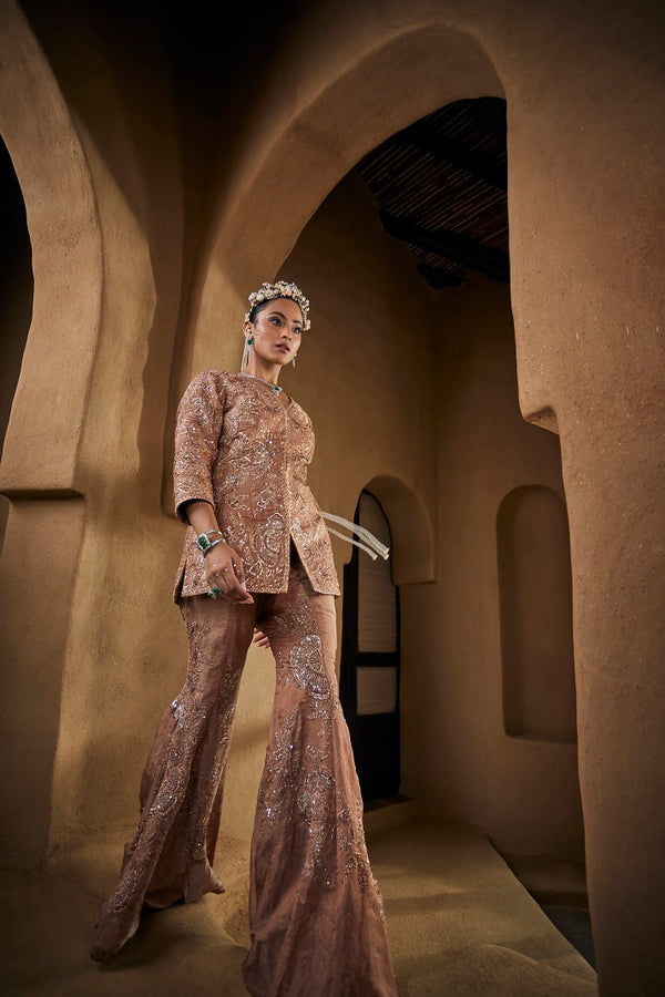 Dusty gold silk tissue jacket set with flare pants.